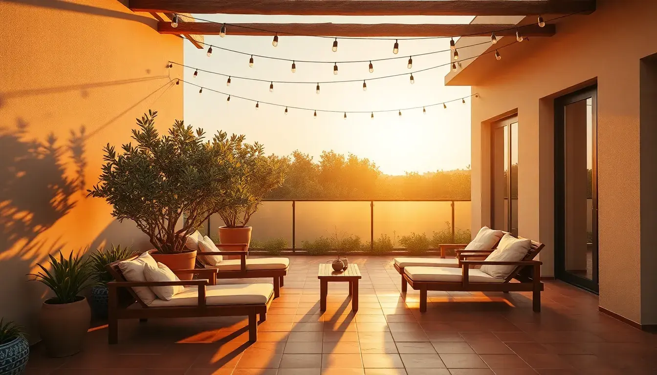 Patio con muebles de exterior al atardecer