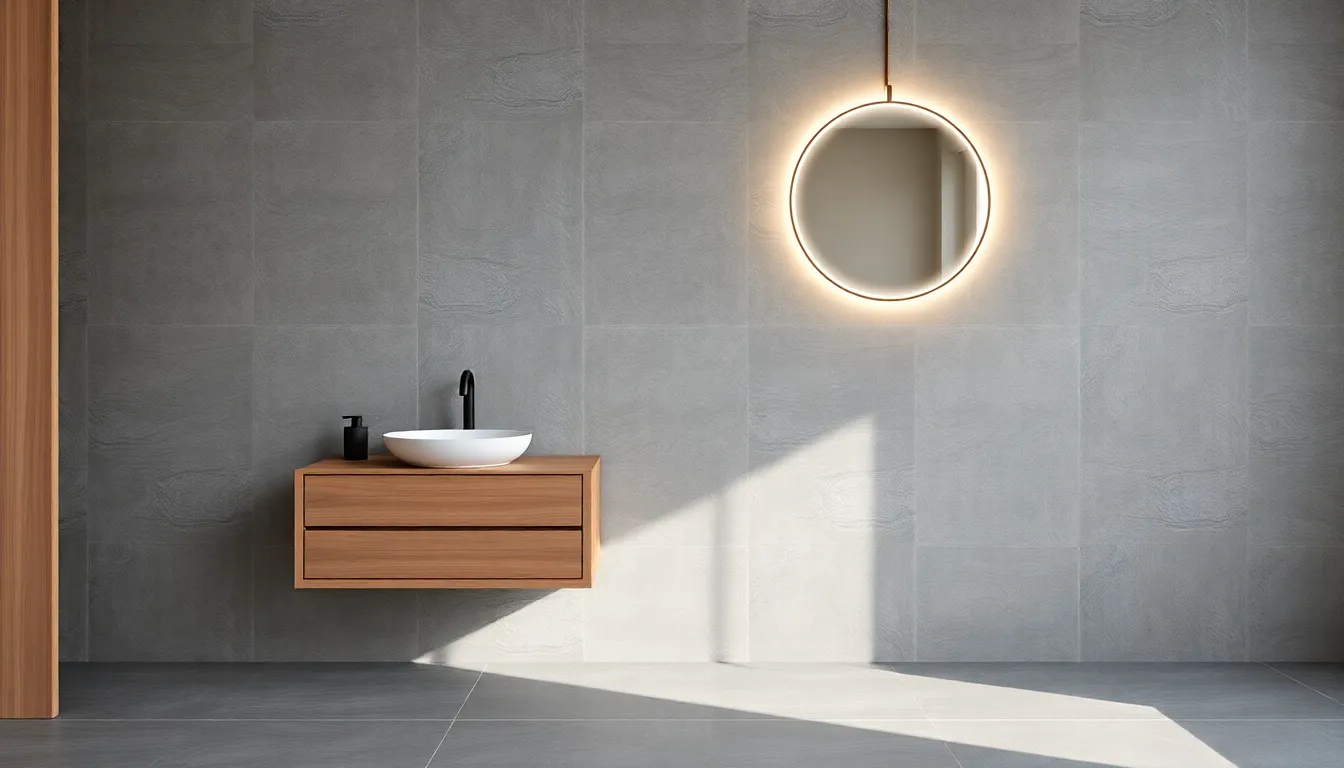 Baño moderno con porcelanato gris y mueble de roble