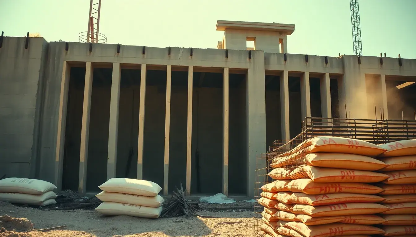 Obra en construcción con hormigón armado y bolsas de cemento
